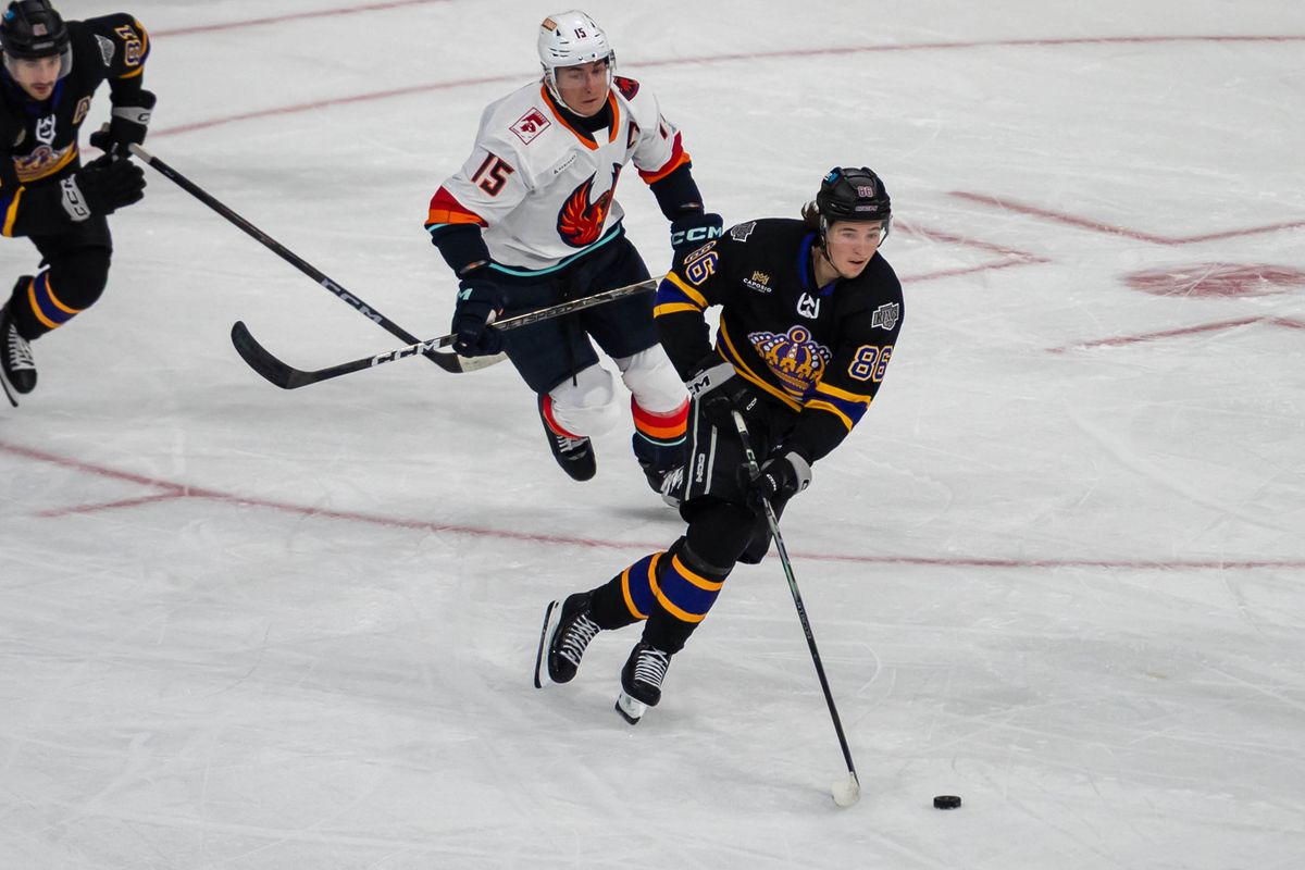 Ontario Reign forwards Aatu Jamsen (86) goes on the attack a during an AHL hockey game against Coachella Valley Firebirds, Saturday, Oct. 3, 2026, in Ontario, California. Ontario Reign forwards Aatu Jamsen (86) goes on the attack a during an AHL hockey game against Coachella Valley Firebirds, Saturday, Oct. 3, 2026, in Ontario, California.