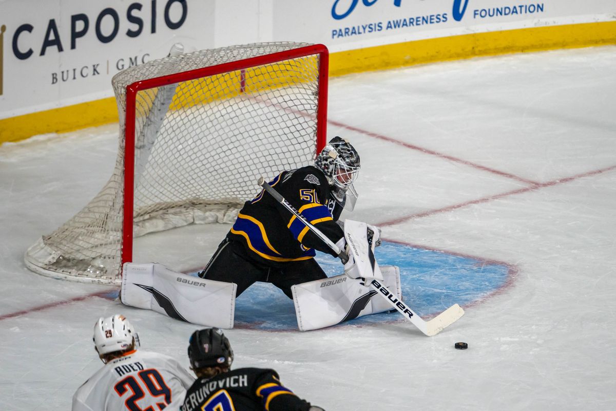 Ontario Reign Goaltender Hampton Slukynsky (50) stops a goal during an AHL hockey game against Coachella Valley Firebirds, Saturday, Oct. 3, 2026, in Ontario, California. Ontario Reign Goaltender Hampton Slukynsky (50) stops a goal during an AHL hockey game against Coachella Valley Firebirds, Saturday, Oct. 3, 2026, in Ontario, California.