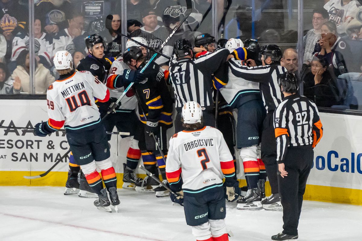 The Ontario Reign brawl during an AHL hockey game against Coachella Valley Firebirds, Saturday, Oct. 3, 2026, in Ontario, California. The Ontario Reign brawl during an AHL hockey game against Coachella Valley Firebirds, Saturday, Oct. 3, 2026, in Ontario, California.