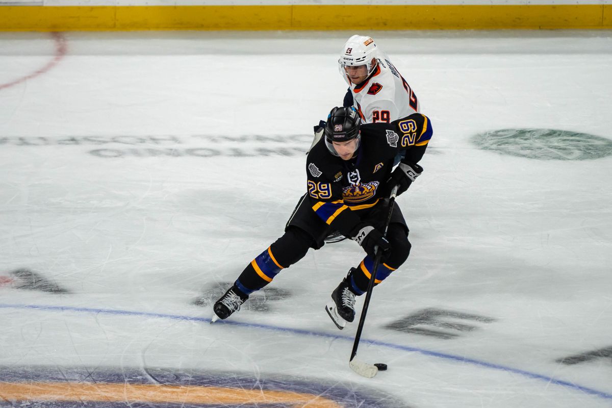 Ontario Reign forward Lane Pederson (29) goes on the attack a during an AHL hockey game against Coachella Valley Firebirds, Saturday, Oct. 3, 2026, in Ontario, California. Ontario Reign forward Lane Pederson (29) goes on the attack a during an AHL hockey game against Coachella Valley Firebirds, Saturday, Oct. 3, 2026, in Ontario, California.