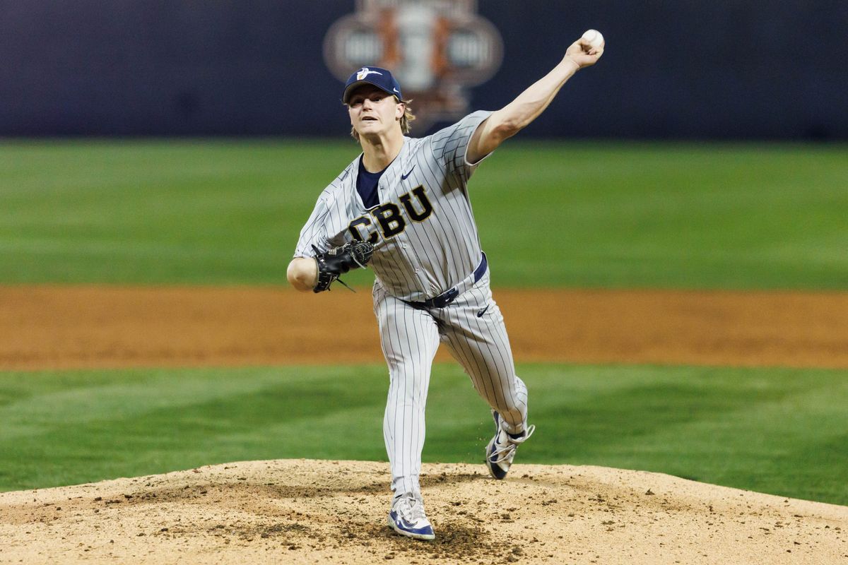 CBU Lancers pitcher Cody New (21) pitches during an NCAA Baseball game against the CSUF Titans on February 13, 2026 in Fullerton, California.
