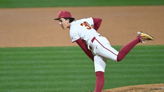 USC Trojan pitcher Mason Edwards (30) throws a pitch during an NCAA Men's baseball game between the USC Trojans and Pepperdine Wave Friday February 13,2026 at Dedeaux Field in Los Angeles Calif