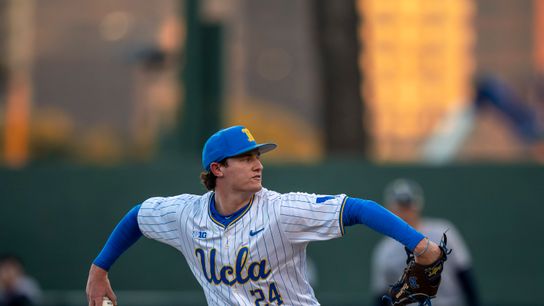 UCLA pitcher, Logan Reddemann (24) pitching during a NCAA baseball game against UC San Diego on February 13, 2026 at Jackie Robinson Stadium in Los Angeles, CA.