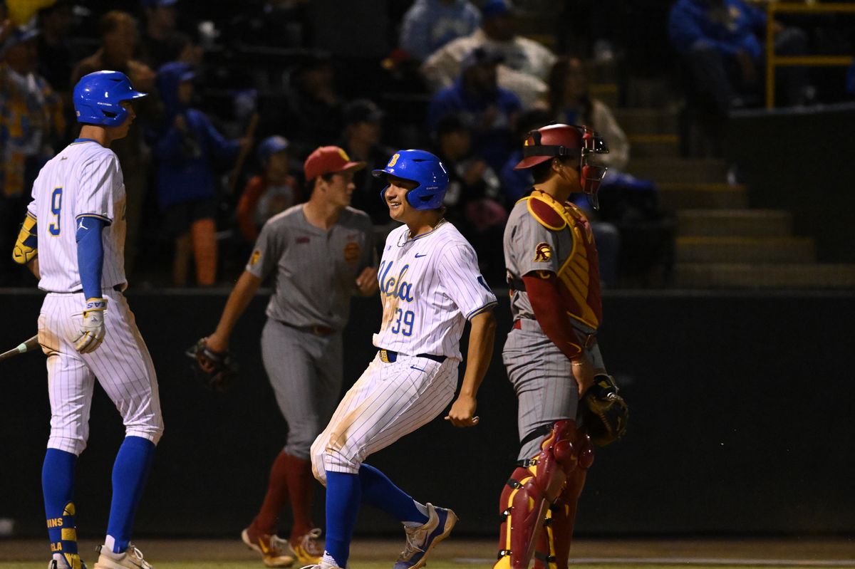 UCLA Bruins first base Mulivai Levu (39) passes home plate and scores during an NCAA baseball game between University of Southern California and University of California Los Angeles on Friday, April 3, 2026 at Jackie Robinson Stadium in Los Angeles Calif UCLA Bruins first base Mulivai Levu (39) passes home plate and scores during an NCAA baseball game between University of Southern California and University of California Los Angeles on Friday, April 3, 2026 at Jackie Robinson Stadium in Los Angeles Calif