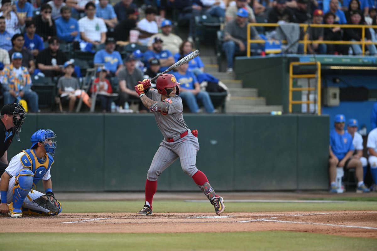 USC Trojans infielder Abbrie Covarrubias (7) sets at bat during an NCAA baseball game between University of Southern California and University of California Los Angeles on Friday, April 3, 2026 at Jackie Robinson Stadium in Los Angeles Calif USC Trojans infielder Abbrie Covarrubias (7) sets at bat during an NCAA baseball game between University of Southern California and University of California Los Angeles on Friday, April 3, 2026 at Jackie Robinson Stadium in Los Angeles Calif