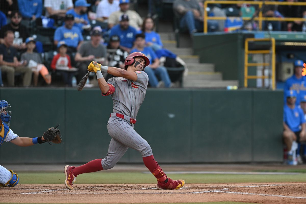 USC Trojans centerfield Augie Lopez (24) swings and misses during an NCAA baseball game between University of Southern California and University of California Los Angeles on Friday, April 3, 2026 at Jackie Robinson Stadium in Los Angeles Calif USC Trojans centerfield Augie Lopez (24) swings and misses during an NCAA baseball game between University of Southern California and University of California Los Angeles on Friday, April 3, 2026 at Jackie Robinson Stadium in Los Angeles Calif
