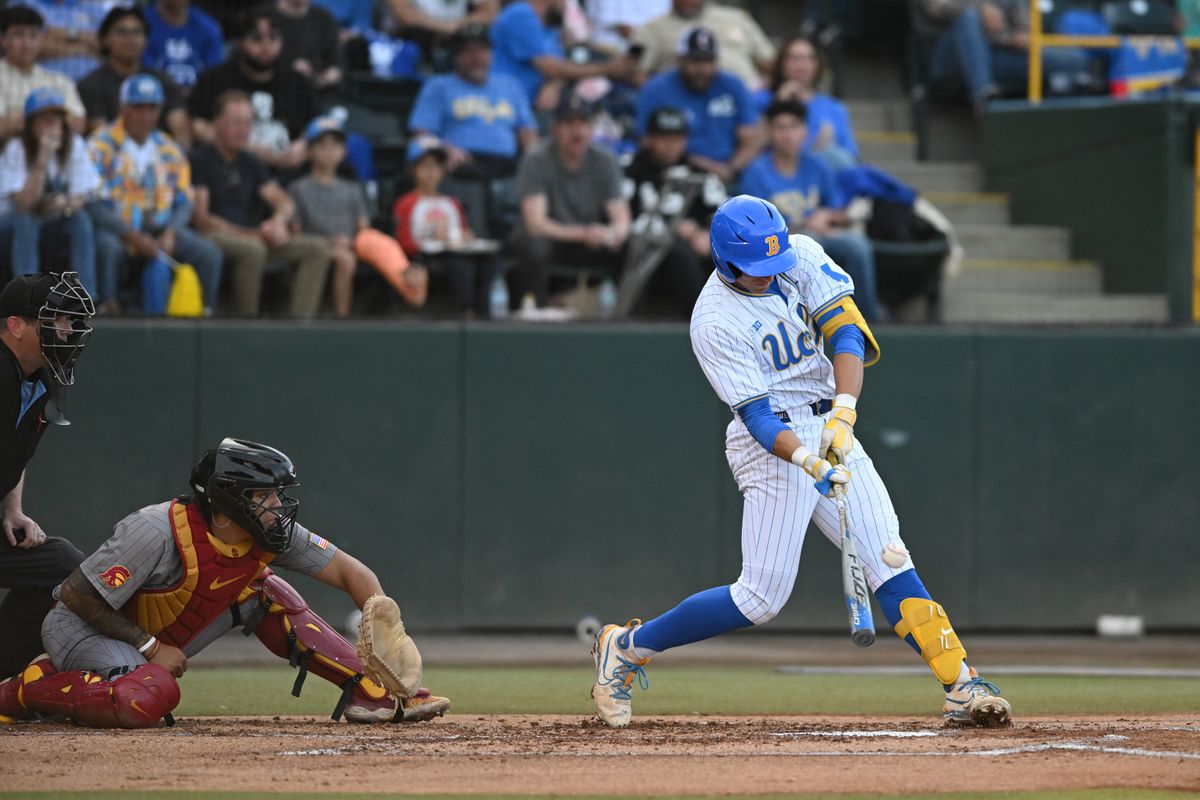 UCLA Bruins infielder Roch Cholowsky (1) makes contact during an NCAA baseball game between University of Southern California and University of California Los Angeles on Friday, April 3, 2026 at Jackie Robinson Stadium in Los Angeles Calif UCLA Bruins infielder Roch Cholowsky (1) makes contact during an NCAA baseball game between University of Southern California and University of California Los Angeles on Friday, April 3, 2026 at Jackie Robinson Stadium in Los Angeles Calif