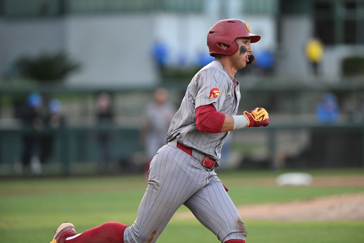 USC Trojans infielder Adrian Lopez (5) runs to first base during an NCAA baseball game between University of Southern California and University of California Los Angeles on Friday, April 3, 2026 at Jackie Robinson Stadium in Los Angeles Calif USC Trojans infielder Adrian Lopez (5) runs to first base during an NCAA baseball game between University of Southern California and University of California Los Angeles on Friday, April 3, 2026 at Jackie Robinson Stadium in Los Angeles Calif