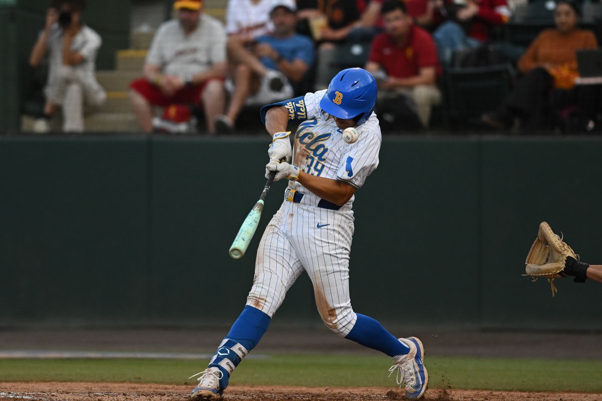 UCLA Bruins first base Mulivai Levu (39) hits a foul ball during an NCAA baseball game between University of Southern California and University of California Los Angeles on Friday, April 3, 2026 at Jackie Robinson Stadium in Los Angeles Calif UCLA Bruins first base Mulivai Levu (39) hits a foul ball during an NCAA baseball game between University of Southern California and University of California Los Angeles on Friday, April 3, 2026 at Jackie Robinson Stadium in Los Angeles Calif