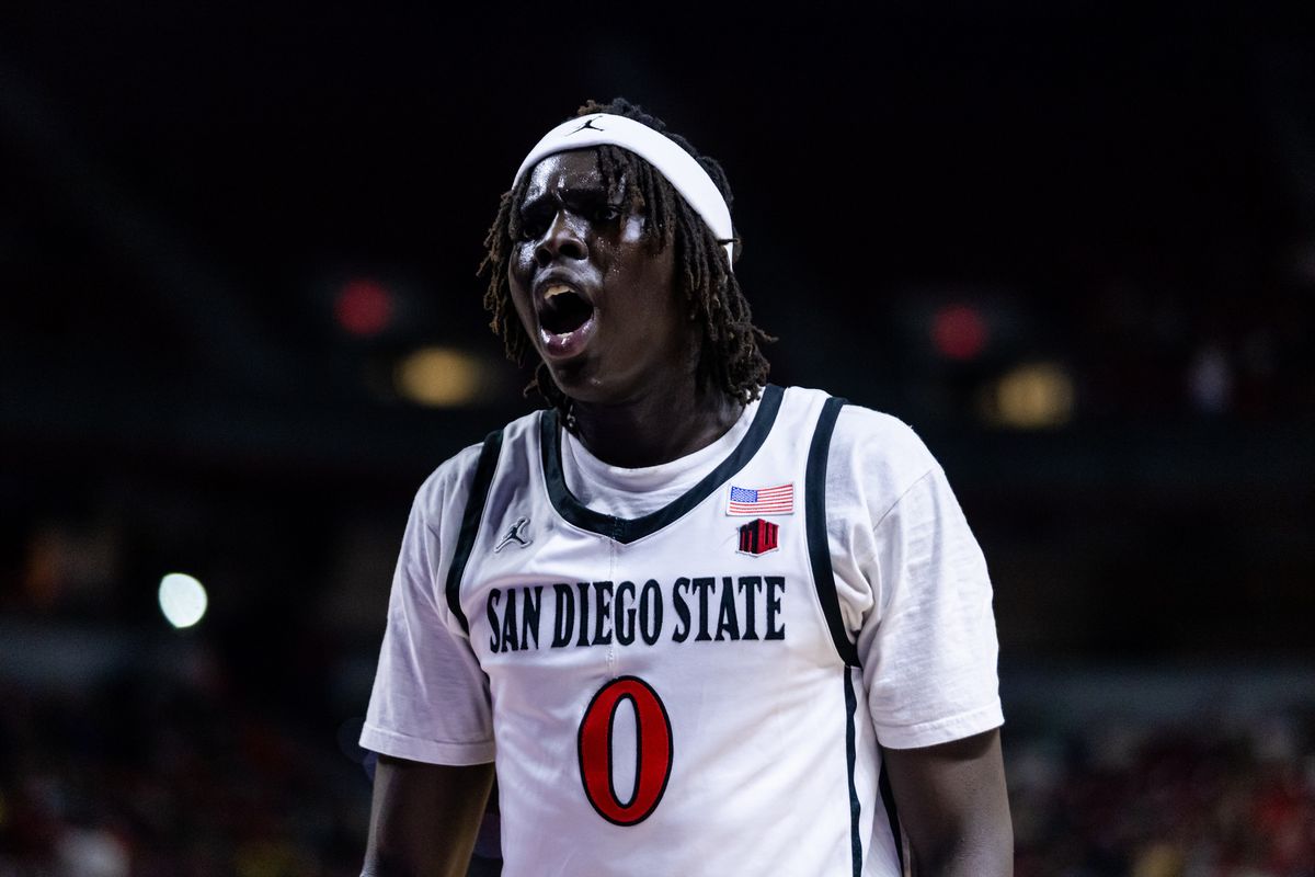 San Diego Aztecs forward Magoon Gwath (0) yells to hype himself up during a Mountain West Championship tournament quarterfinal game between the San Diego Aztecs and the Colorado State Rams, Thursday March 12, 2026 in Las Vegas, Nev.