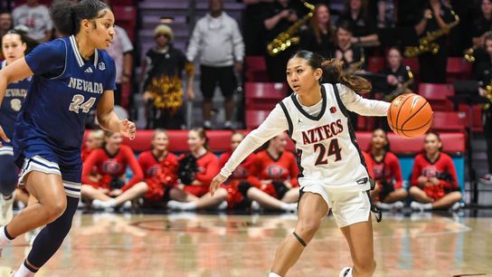 SDSU guard Naomi Panganiban (24) dribbles the ball during an NCAA basketball  game against Nevada Saturday January 31, 2026 in  San Diego, California.