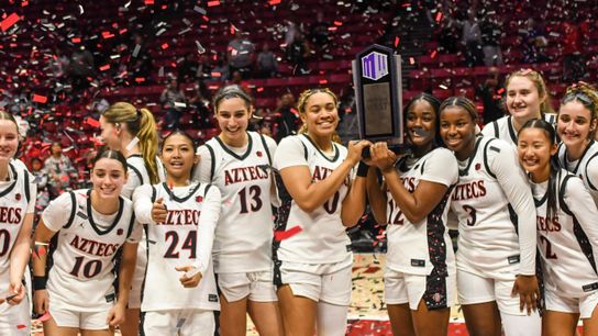 SDSU  Aztecs celebrate winning the Mountain West Championships during an NCAA Women’s Basketball game against Fresno State Saturday February 21, 2026 in San Diego, California.