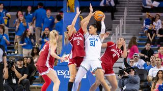 Lauren Betts shares her key to revenge match against Texas in Final Four taken at Mortgage Matchup Center (UCLA). Photo by Jordan Teller - The Sporting Tribune
