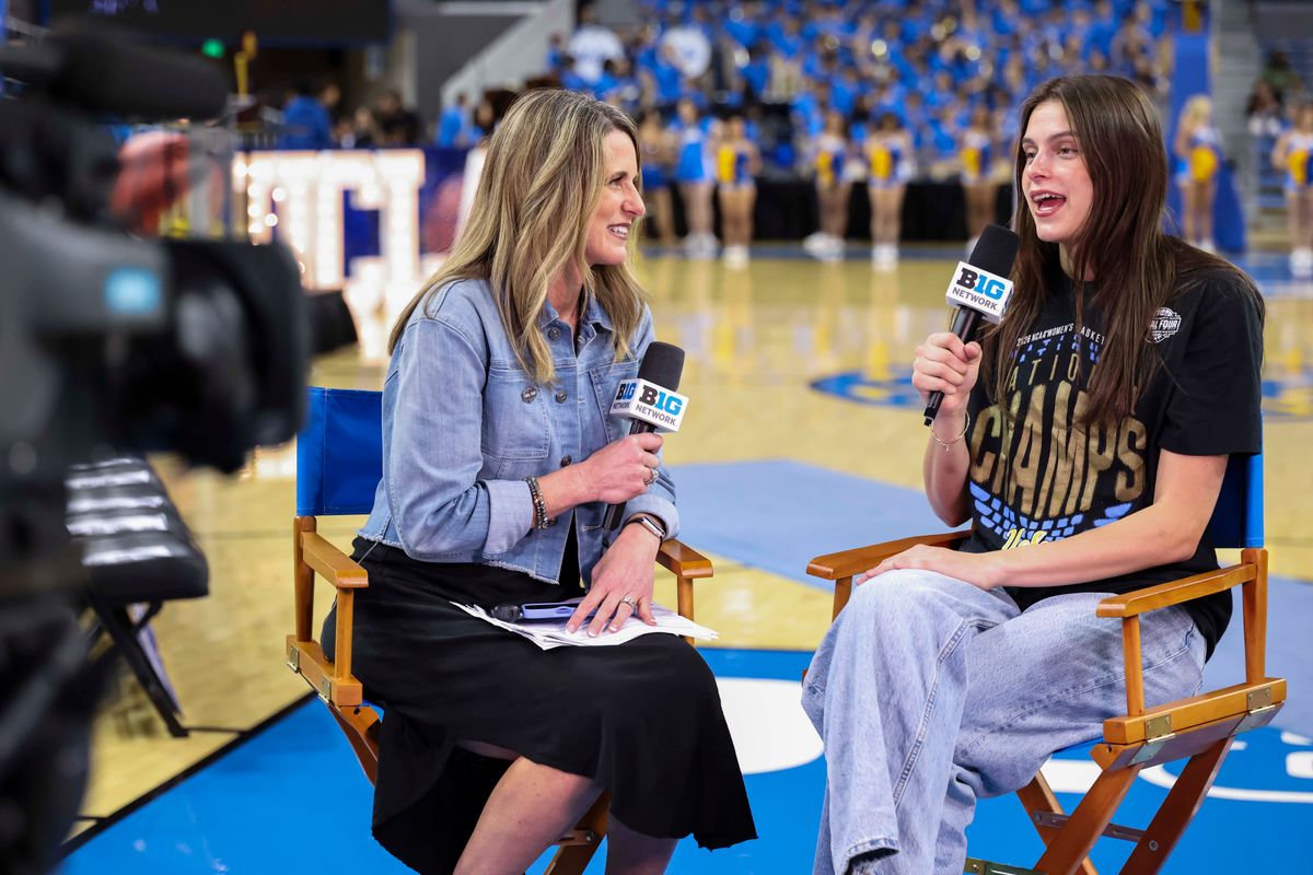 Gabriela Jaquez is interviewed on Big Ten Network during the celebration for the NCAA Champion UCLA Bruins Women’s basketball team, Wednesday April 8, 2026, in Los Angeles, Calif.