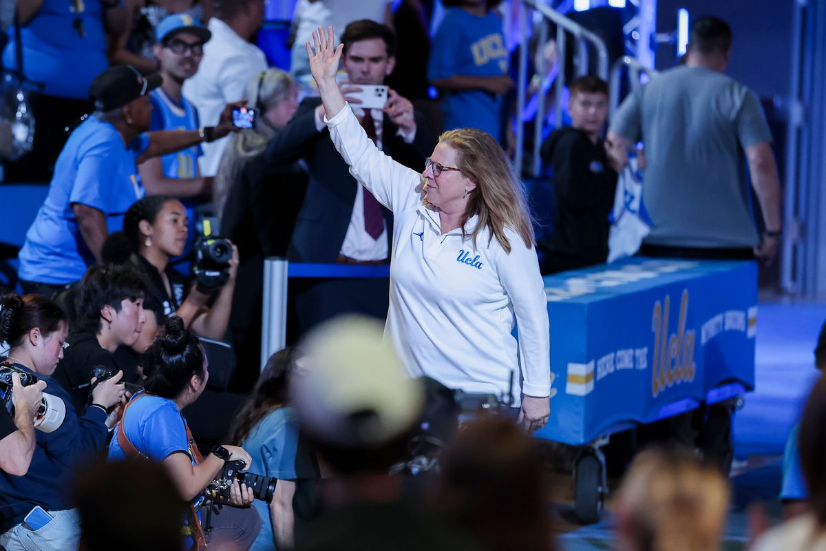 Head coach Cori Close is introduced to the crowd during the celebration for the NCAA Champion UCLA Bruins Women’s basketball team, Wednesday April 8, 2026, in Los Angeles, Calif.