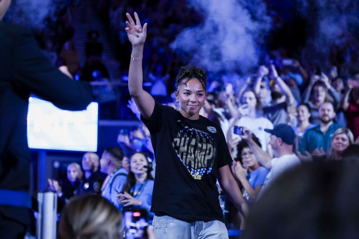 Kiki Rice is introduced to the crowd during the celebration for the NCAA Champion UCLA Bruins Women’s basketball team, Wednesday April 8, 2026, in Los Angeles, Calif.