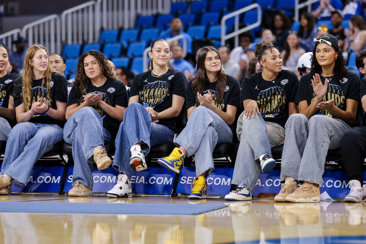 The key UCLA Bruins seniors, Gianna Kneepkens, Charlisse Leger-Walker, Angela Dugalić, Gabriela Jaquez, Kiki Rice, and Lauren Betts look on during the celebration for the NCAA Champion UCLA Bruins Women’s basketball team, Wednesday April 8, 2026, in Los Angeles, Calif.
