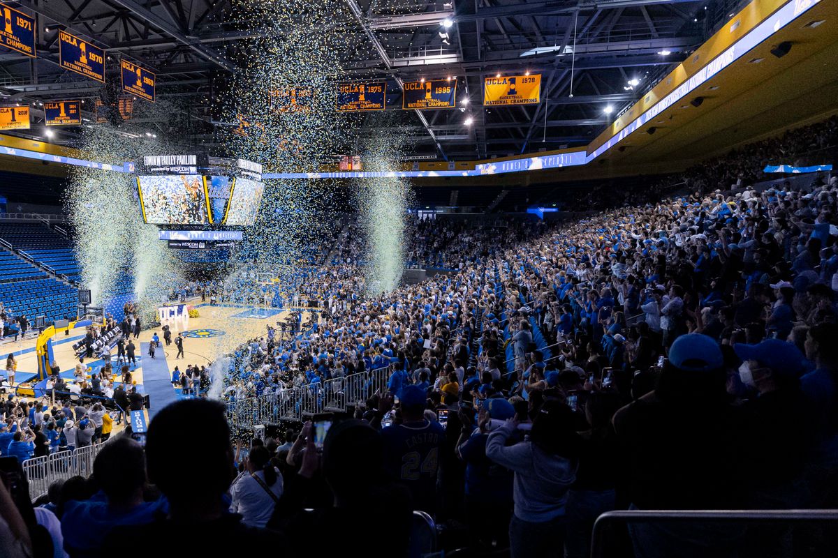 Confetti fills Pauley Pavilion as the UCLA Bruins and their fans celebrate during the celebration for the NCAA Champion UCLA Bruins Women’s basketball team, Wednesday April 8, 2026, in Los Angeles, Calif.