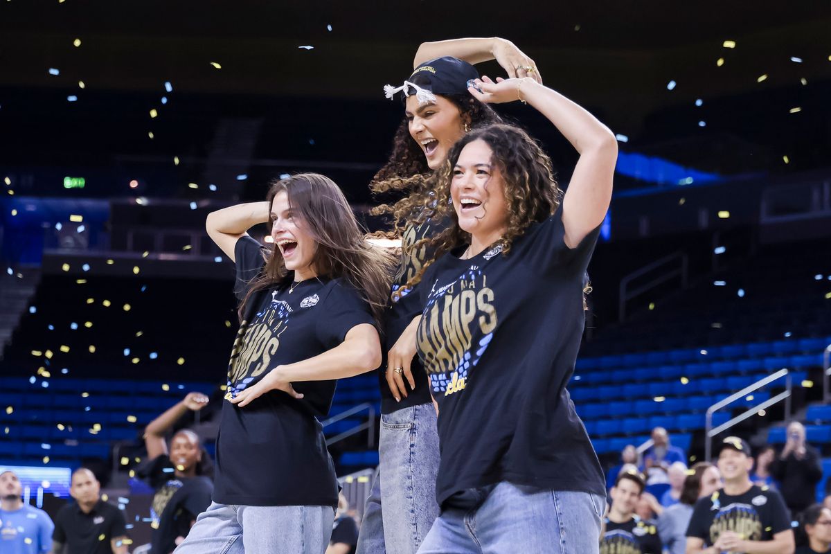 Gabriela Jaquez, Lauren Betts, and Charlisse Leger-Walker dance during the celebration for the NCAA Champion UCLA Bruins Women’s basketball team, Wednesday April 8, 2026, in Los Angeles, Calif.
