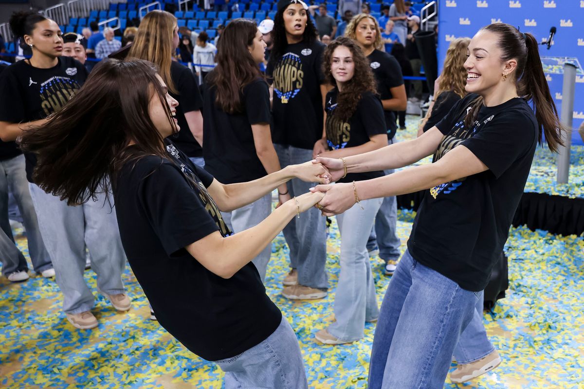 Gabriela Jaquez and Angela Dugalić celebrate during the celebration for the NCAA Champion UCLA Bruins Women’s basketball team, Wednesday April 8, 2026, in Los Angeles, Calif.