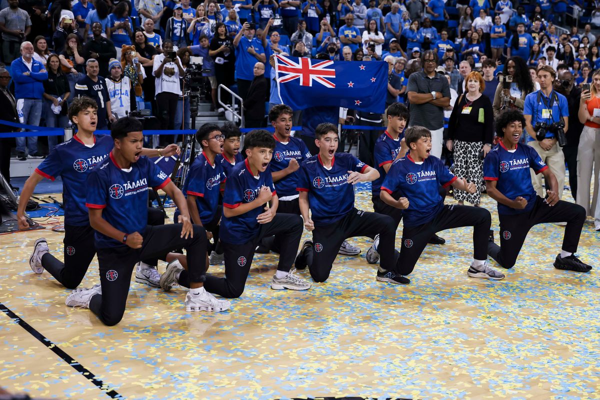 The Tāmaki Basketball Academy does a traditional New Zealand Haka dance in honor of Charlisse Leger-Walker during the celebration for the NCAA Champion UCLA Bruins Women’s basketball team, Wednesday April 8, 2026, in Los Angeles, Calif.
