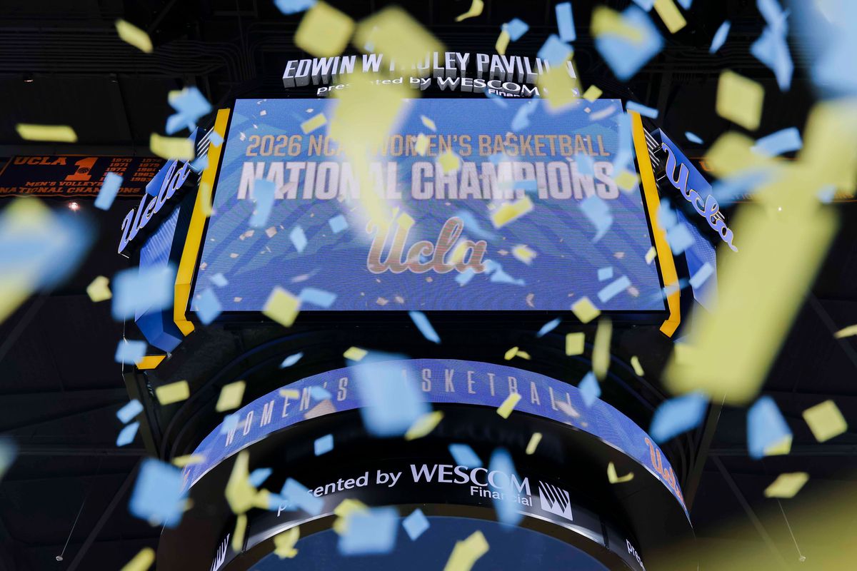 The Pauley Pavilion scoreboard as confetti falls during the celebration for the NCAA Champion UCLA Bruins Women’s basketball team, Wednesday April 8, 2026, in Los Angeles, Calif.
