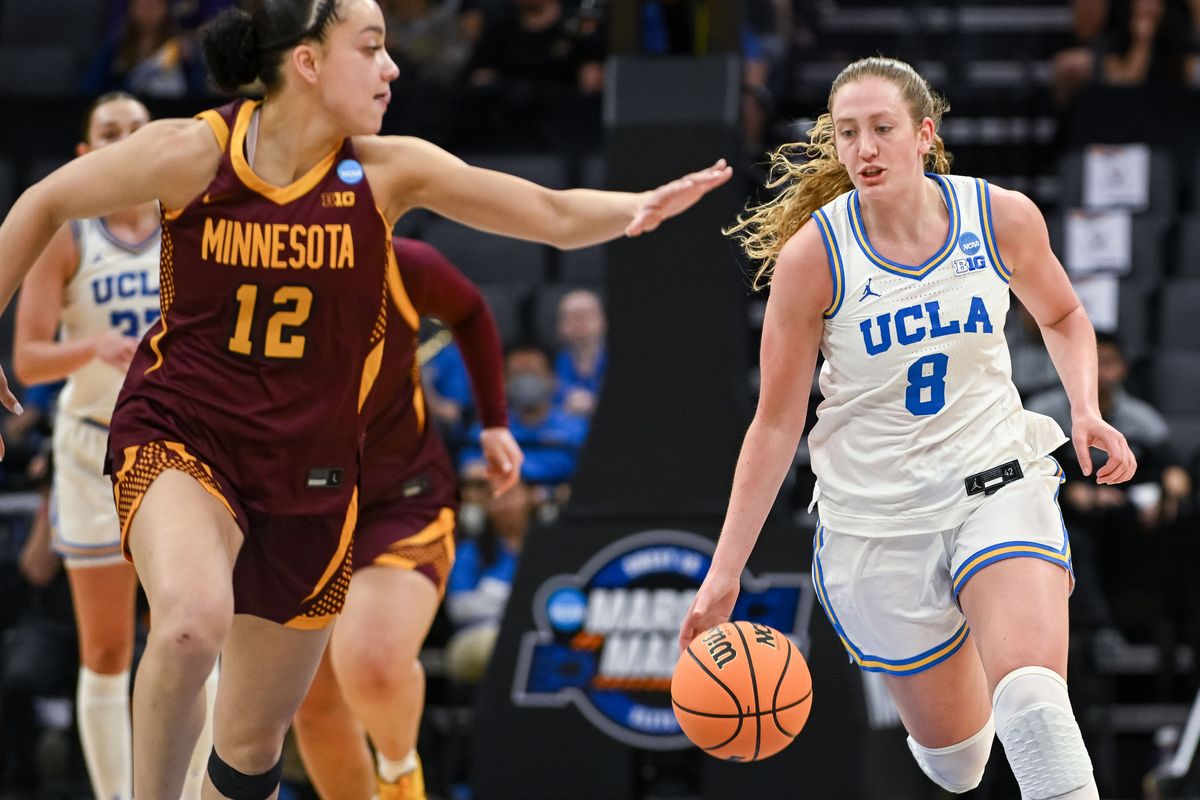 UCLA Bruins guard Gianna Kneepkens (8) dribbles against Minnesota Golden Gophers guard Brylee Glenn (12) during a Sweet Sixteen game of the Sacramento Regional 2 of the women's 2026 NCAA Tournament at Golden 1 Center. 