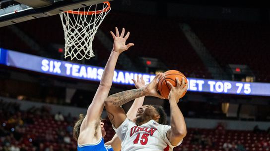 UNLV forward Jeremiah Cherry (45) attempts a two point basket during Mountain West basketball tournament game against Air Force on Wednesday March 12, 2025 in Las Vegas. UNLV forward Jeremiah Cherry (45) attempts a two point basket during Mountain West basketball tournament game against Air Force on Wednesday March 12, 2025 in Las Vegas.