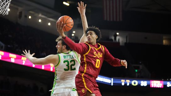 USC guard Alijah Arenas (0) attempts a lay up during an NCAA basketball game against Oregon on February 21, 2026 in Los Angeles, CA. USC guard Alijah Arenas (0) attempts a lay up during an NCAA basketball game against Oregon on February 21, 2026 in Los Angeles, CA.