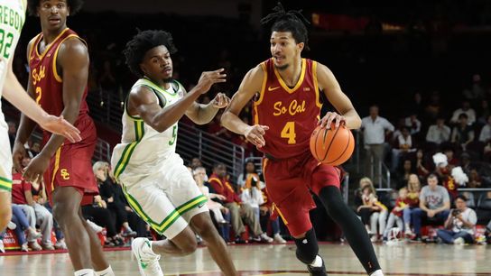 USC forward Chad Baker-Mazara (4) dribbles the basketball during an NCAA basketball game against Oregon on February 21, 2026 in Los Angeles, CA. USC forward Chad Baker-Mazara (4) dribbles the basketball during an NCAA basketball game against Oregon on February 21, 2026 in Los Angeles, CA.