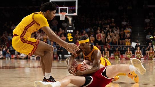 USC Trojans Guard Jerry Easter II (8) dives on the floor for a loose ball during a men's college basketball game against the Nebraska Cornhuskers, Saturday February 28th, 2026 at Galen Center in Los Angeles, Calif.