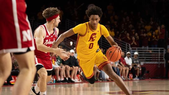 USC Trojans Guard Alijah Arenas (0) blows by his defender on his way to score during a men's college basketball game against the Nebraska Cornhuskers, Saturday February 28th, 2026 at Galen Center in Los Angeles, Calif.