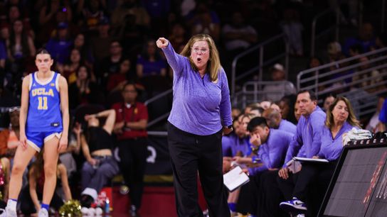 UCLA Bruins head coach Cori Close points during the women's college basketball game against the USC Trojans, Sunday March 1st, 2026 at Galen Center in Los Angeles, Calif. UCLA Bruins head coach Cori Close points during the women's college basketball game against the USC Trojans, Sunday March 1st, 2026 at Galen Center in Los Angeles, Calif.
