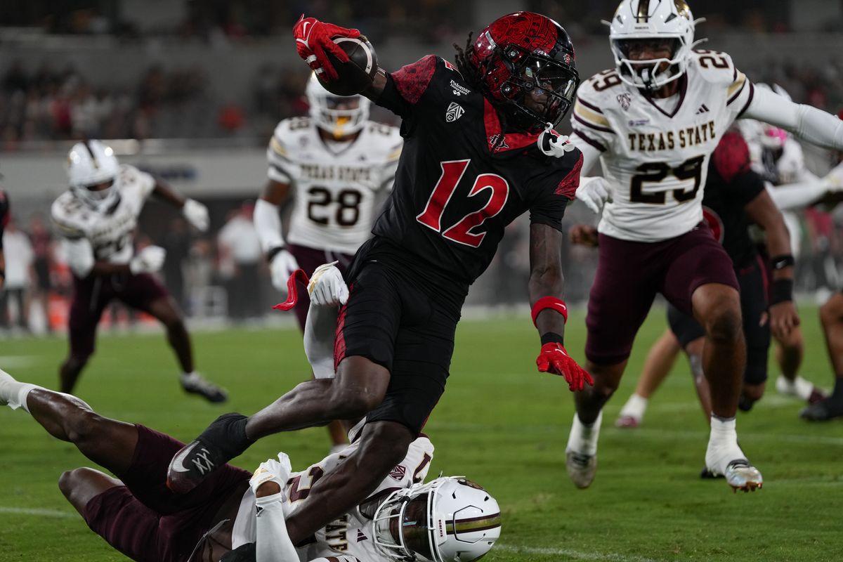 San Diego State University wide receiver Jaylon Hawkins (12) runs through the defense during an NCAA football game against Texas State University, Saturday October 03, 2026 in San Diego, California.