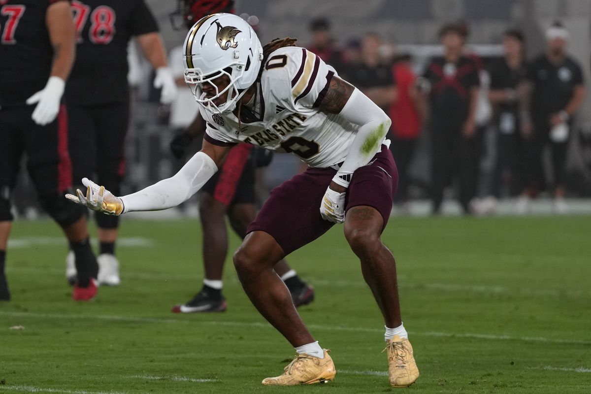 Texas State University defensive back Jayden Lawton (0) celebrates after making a tackle during an NCAA football game against San Diego State University, Saturday October 03, 2026 in San Diego, California.