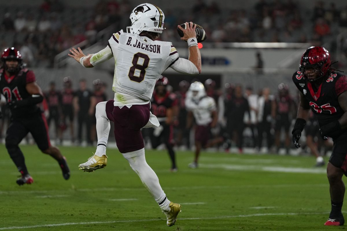 Texas State University quarterback Brad Jackson (8) throws the ball during an NCAA football game against San Diego State University, Saturday October 03, 2026 in San Diego, California.