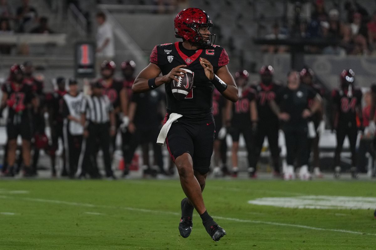 San Diego State University quarterback Jayden Denegal (4) scans the field during an NCAA football game against Texas State University, Saturday October 03, 2026 in San Diego, California.