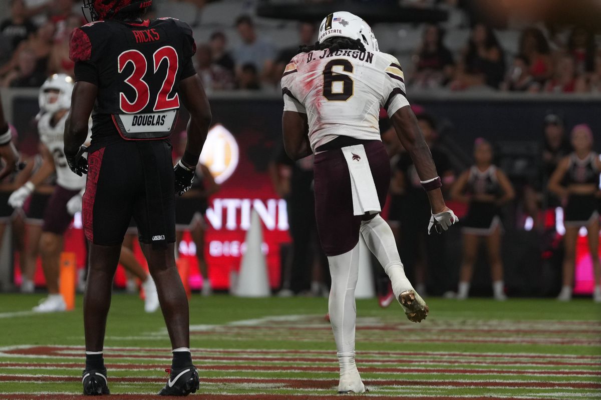 Texas State University running back Davian Jackson (6)celebrates after scoring a touchdown during an NCAA football game against San Diego State University, Saturday October 03, 2026 in San Diego, California.
