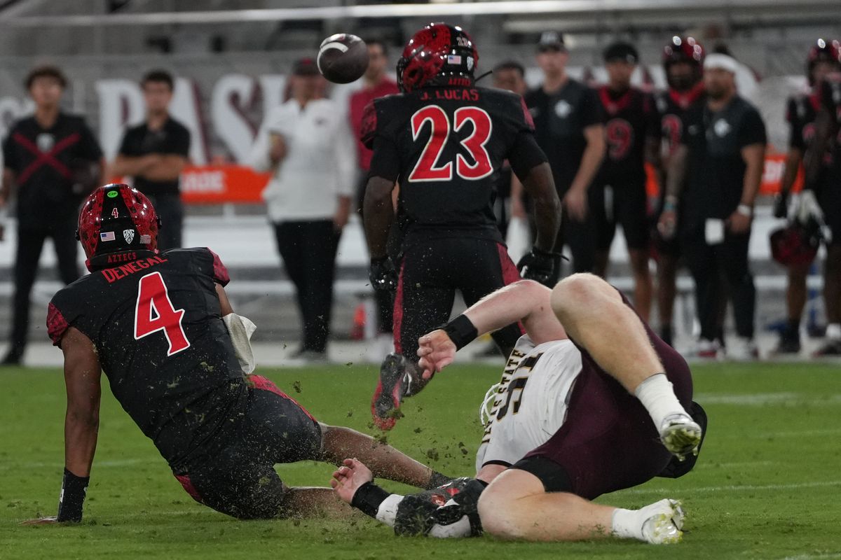 San Diego State University quarterback Jayden Denegal (4) throws the ball during an NCAA football game against Texas State University, Saturday October 03, 2026 in San Diego, California.