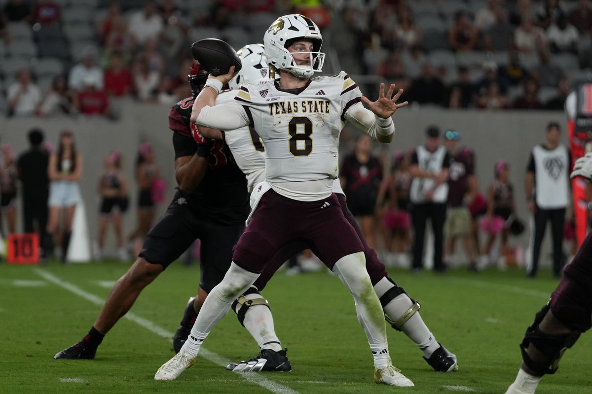 Texas State University quarterback Brad Jackson (8) throws the ball during an NCAA football game against San Diego State University, Saturday October 03, 2026 in San Diego, California.