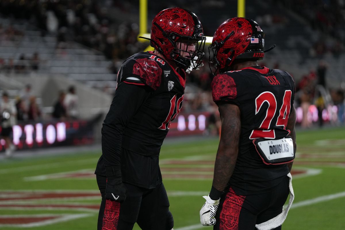 San Diego State University edge rusher Kai Wallin (18) and San Diego State University safety Josiah Cox (24) celebrate after intercepting the ball during an NCAA football game against Texas State University, Saturday October 03, 2026 in San Diego, California.