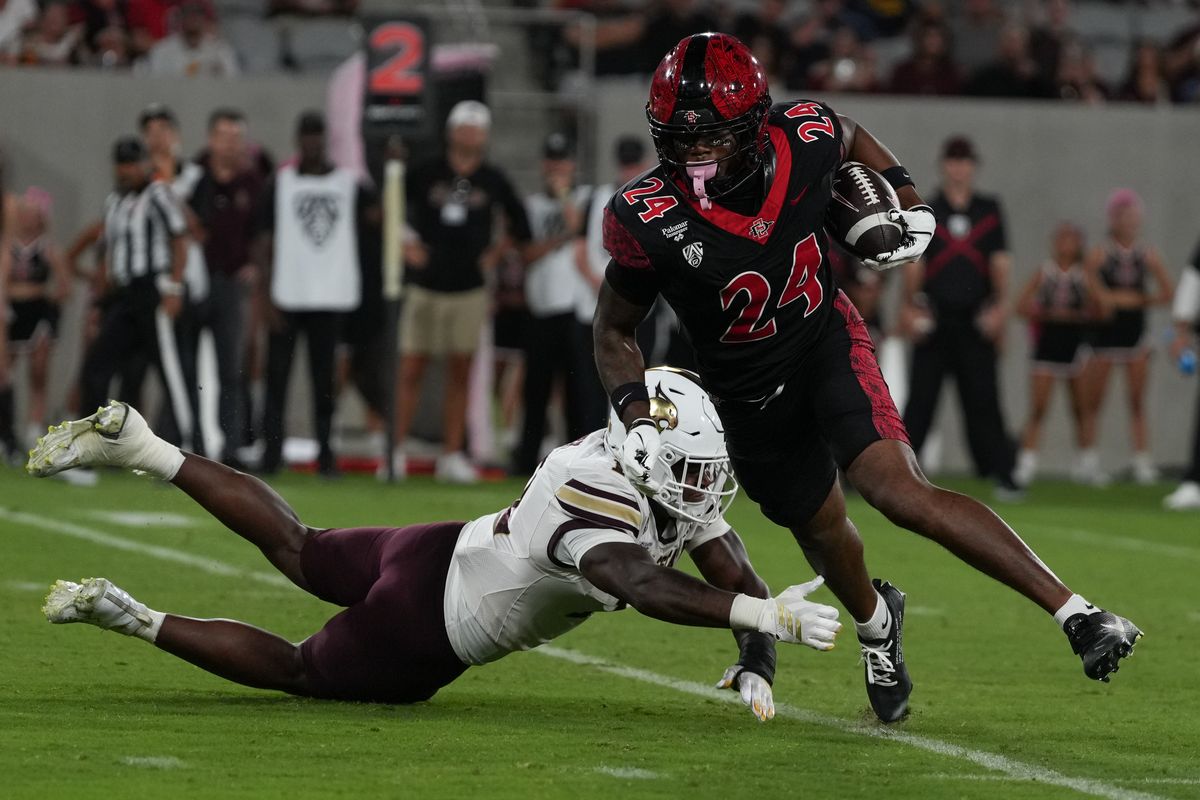 San Diego State University wide receiver Jordan Napier (24) runs through the defense during an NCAA football game against Texas State University, Saturday October 03, 2026 in San Diego, California.