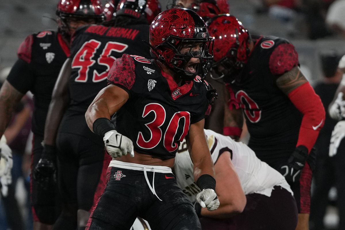 San Diego State University safety Jalen Thomeson (30) celebrates after making a tackle during an NCAA football game against Texas State University, Saturday October 03, 2026 in San Diego, California.
