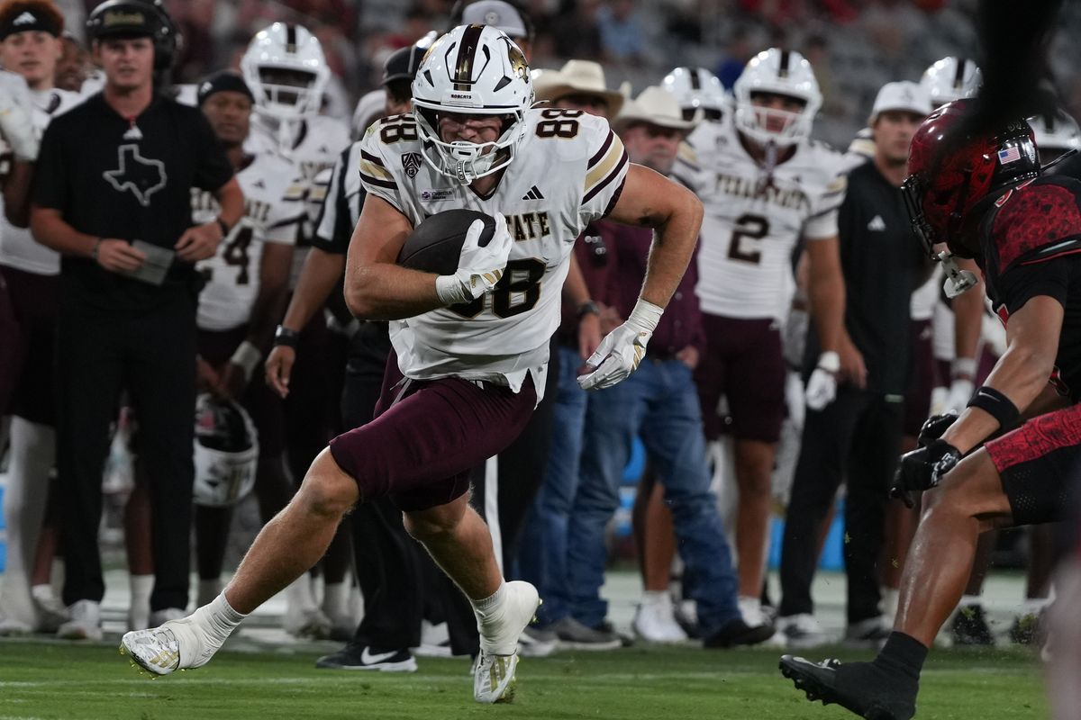 Texas State University tight end Jake Simpson (88) runs up the field during an NCAA football game against San Diego State University, Saturday October 03, 2026 in San Diego, California.