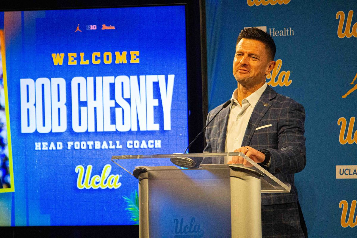 New UCLA football head coach Bob Chesney addresses the crowd at the introductory press conference for Bob Chesney at Luskin Conference Center Tuesday, December 9, 2025 in Los Angeles.