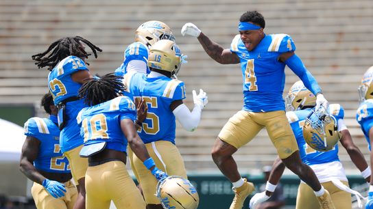 Team Blue celebrates a win at the UCLA Football Spring Showcase at Rose Bowl Stadium on May 2, 2026 in Pasadena, California. Team Blue celebrates a win at the UCLA Football Spring Showcase at Rose Bowl Stadium on May 2, 2026 in Pasadena, California.