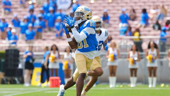 Kenneth Moore III #81 catches a pass during the UCLA Football Spring Showcase at Rose Bowl Stadium on May 2, 2026 in Pasadena, California. Kenneth Moore III #81 catches a pass during the UCLA Football Spring Showcase at Rose Bowl Stadium on May 2, 2026 in Pasadena, California.