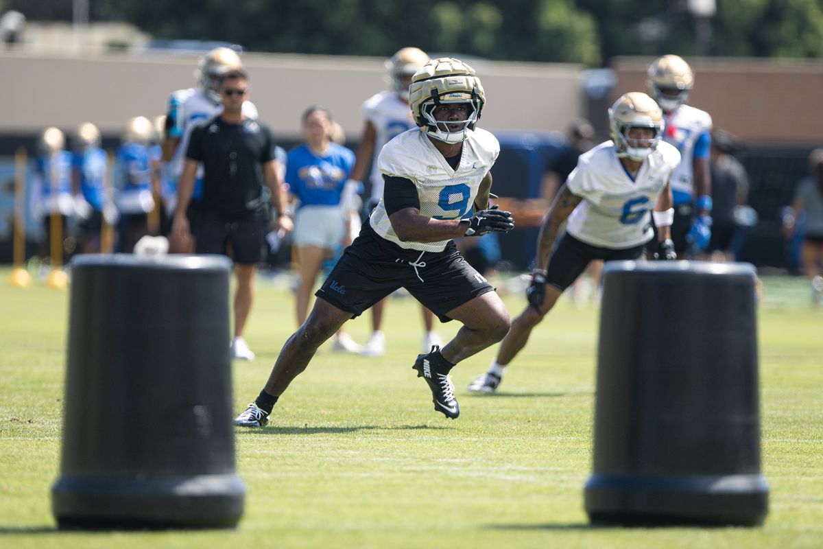UCLA linebacker Jalen Woods (9) runs drills during practice Friday, Aug. 7, 2026, in Los Angeles. UCLA linebacker Jalen Woods (9) runs drills during practice Friday, Aug. 7, 2026, in Los Angeles.
