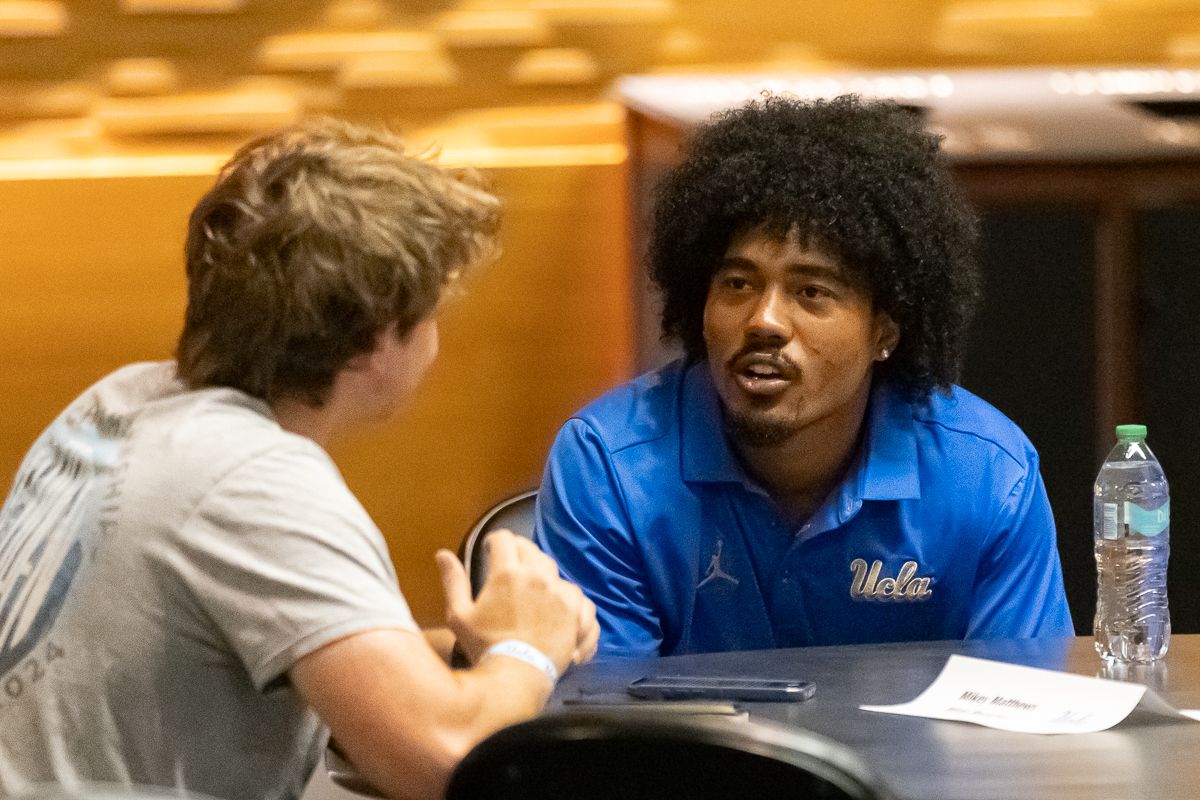 UCLA wide receiver Mikey Matthews takes questions from the media during media day at Pavilion Club in Pauley Pavilion, Los Angeles. UCLA wide receiver Mikey Matthews takes questions from the media during media day at Pavilion Club in Pauley Pavilion, Los Angeles.