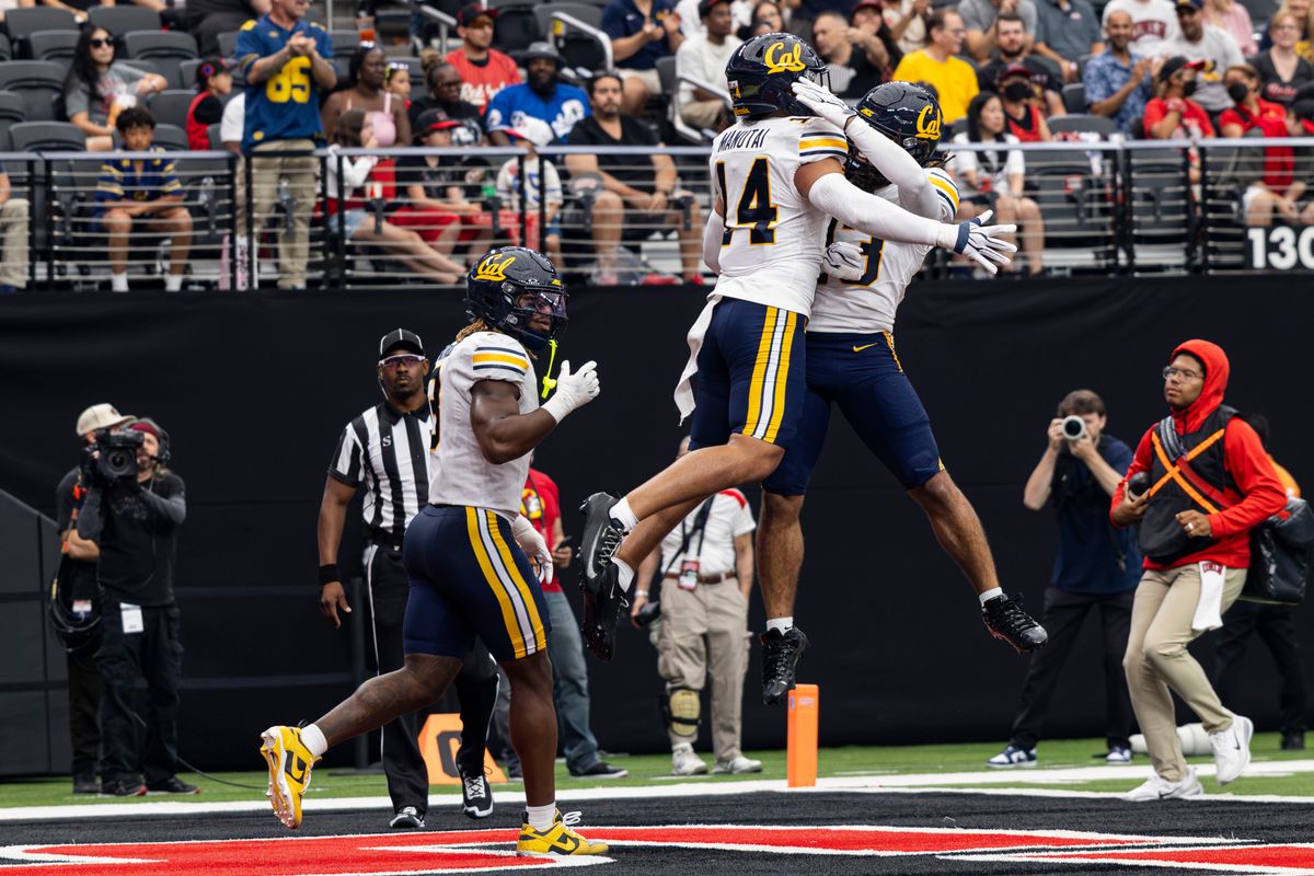 California Golden Bears DB Aiden Manutai (14) celebrates with teammates after intercepting the ball in the second quarter of a game against the UNLV Rebels on Saturday, October 03, 2026, at Allegiant Stadium in Las Vegas, Nevada.